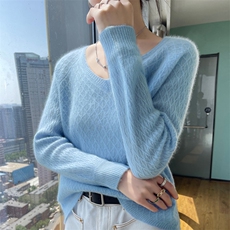V领菱形提花100%纯羊毛衫秋冬新款气质毛衣女通勤针织打底羊绒衫，女装羊毛衫，百越羊绒