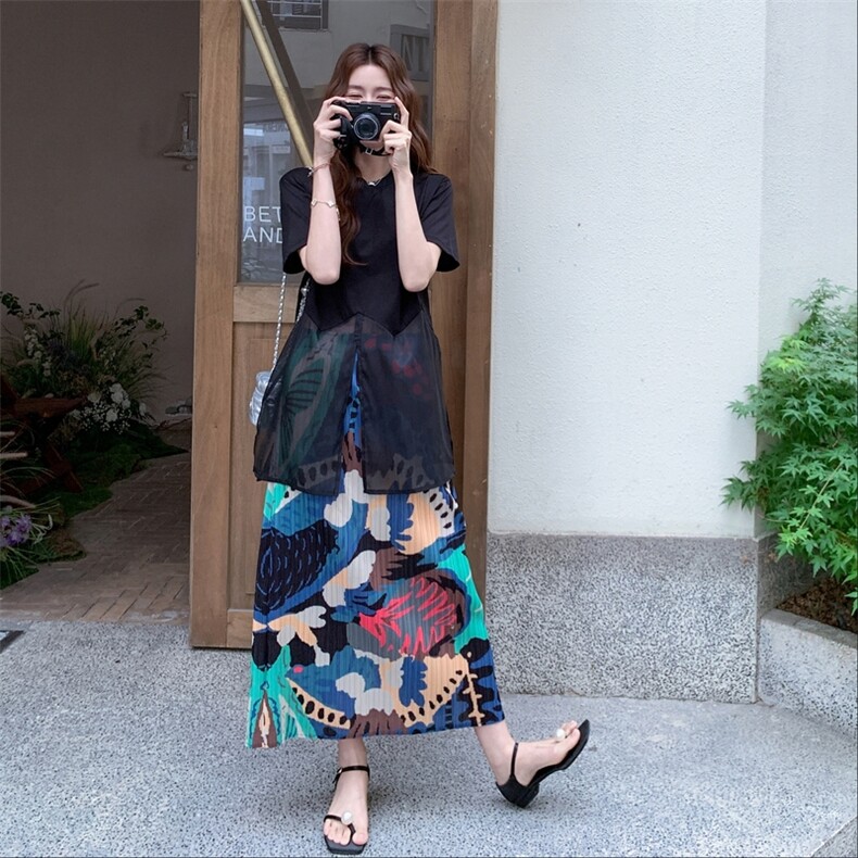 黑色网纱拼接上衣印花半身裙套装女2025夏季新款小众不撞款两件套,女装套装/套裙,2C032