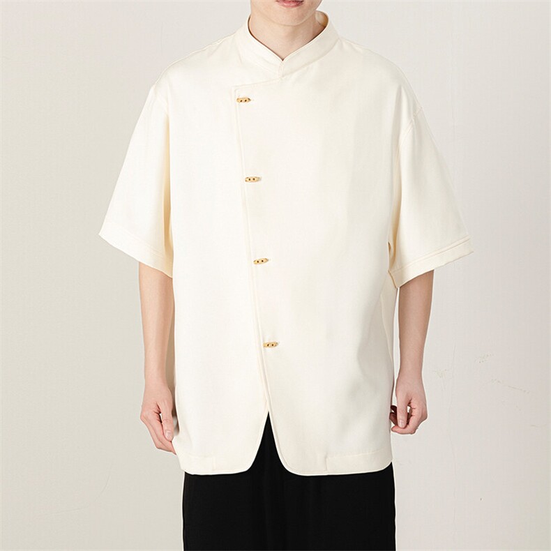 风新款男士大码立领短袖竹子木纹纹扣简约上衣T2522-P60控88,男装衬衫,电商A021