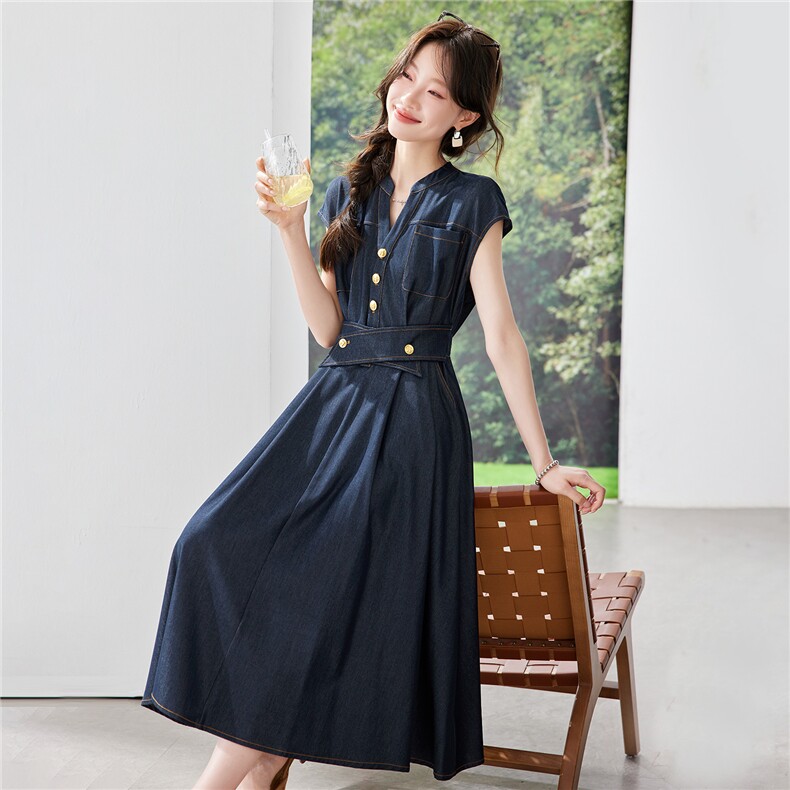 《现货26夏上新》气质仿牛仔棉感收腰显瘦连衣裙女,女装连衣裙,苗苗