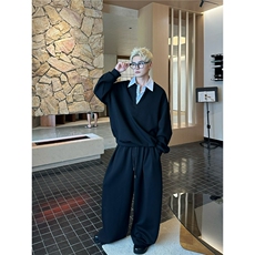 秋季新款男士时尚韩系ins高级时尚简约潮流假两件条纹衬衫领套装，男装衬衫，星座1210-1