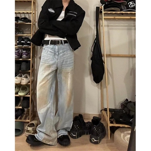 美式复古脏脏做旧牛仔裤男女直筒宽松慵懒松弛感裤子 N7659图片