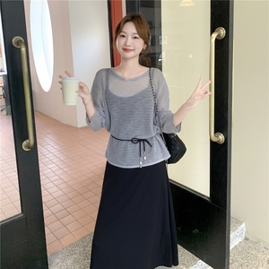 轻熟风穿搭黑色吊带连衣裙叠穿针织衫女初春秋超火好看长裙子套装图片