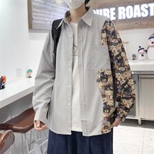 长袖衬衫男夏季ins潮牌衬衣小熊拼接宽松薄款港风外套W3567-P32，男装衬衫，星座512-2