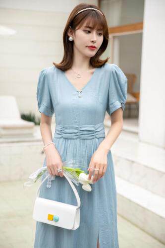 夏季新款人鱼尾气质开叉蓝色连衣裙，女装连衣裙，水锦红