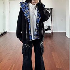 美式复古格子拼接连帽卫衣男女秋季新款薄款外套宽松慵懒风开衫，女装短外套，星座601-1