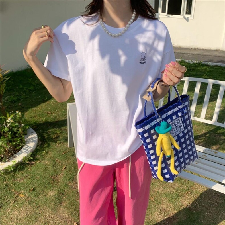 夏季绣花圆领重工T恤，女装T恤，简蔻