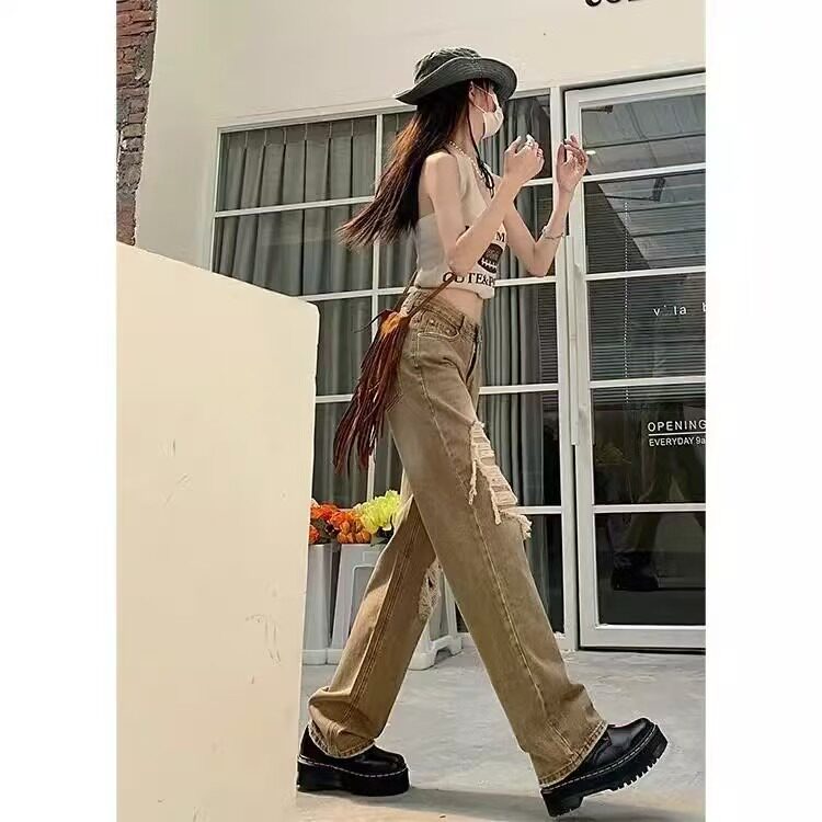 棕色破洞美式随性辣妹复古做旧大破洞直筒牛仔裤女潮搭春季阔腿裤,男装牛仔裤,星座506A
