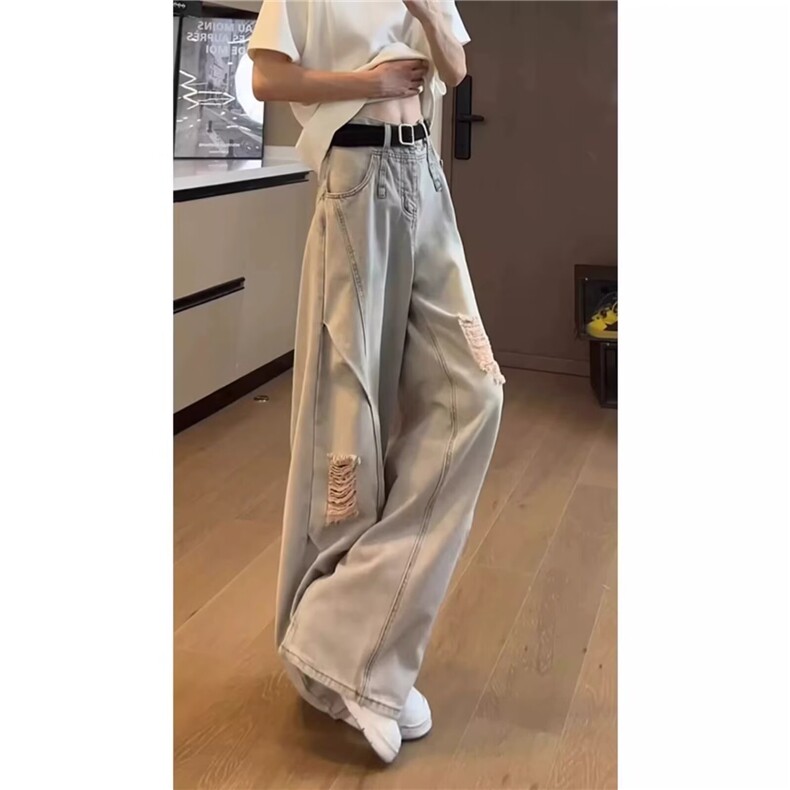 百搭美式高街vibe解构弯刀水洗破洞牛仔裤男女新款直筒宽松阔腿裤,男装牛仔裤,星座506A
