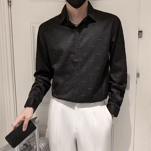 黑色衬衫男长袖格子纯色痞帅上衣外套休闲男装冰丝白衬衣 C305图片