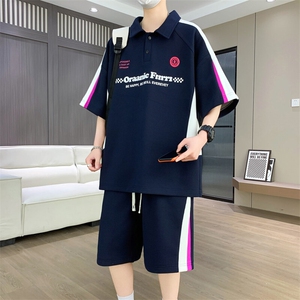 港风套装男宽松菠萝格冰丝青年翻领短袖T恤短裤两件套-JZ507-P53图片