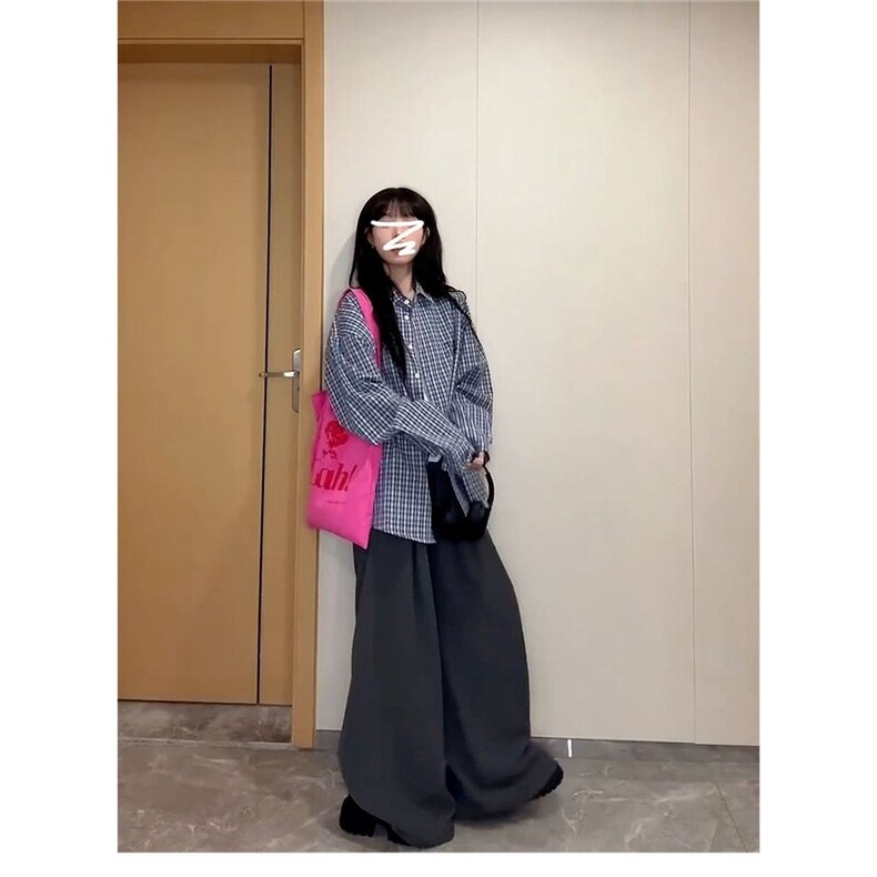 2025新款慵懒风蓝色格子衬衫女款高级感宽松休闲衬衣初春外套上衣,男装衬衫,星座506A