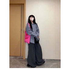 2025新款慵懒风蓝色格子衬衫女款高级感宽松休闲衬衣初春外套上衣，男装衬衫，星座506A