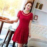 优雅蕾丝连衣裙女夏新款气质修身显瘦短袖A字裙甜美淑女裙子，女装连衣裙，贵人树