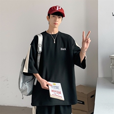 2026夏装华夫格拼接绣花休闲运动套装五分短裤TZ808/P65黑色，男装休闲套装，电商A094