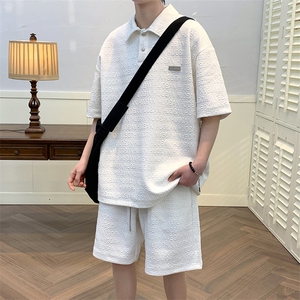 夏款学生立体提花半袖套装休闲翻领短裤T恤男女 7802-P75控价108图片