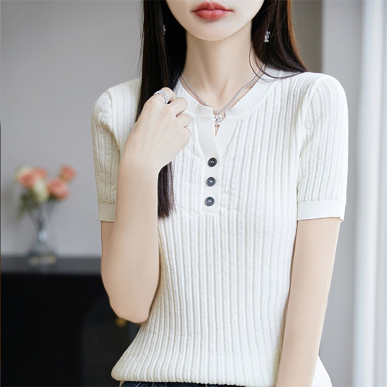 半开V领显瘦短袖t恤女夏2025新款打底衫洋气大码女装针织上衣,女装T恤,皓宇羊绒