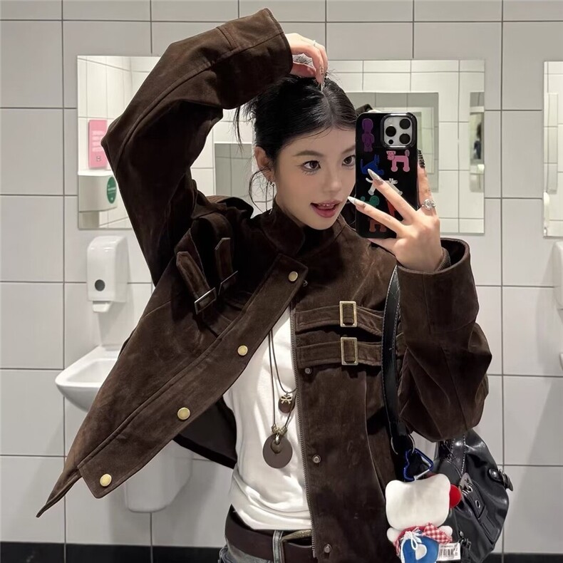 现货 美式宽松短款立领鹿皮绒夹克JK275特P75图片