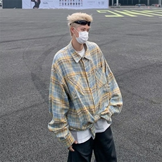 衬衫长袖男生春季新款美式宽松翻领格子衬衣复古潮流休闲百搭外套，男装衬衫，星座1013