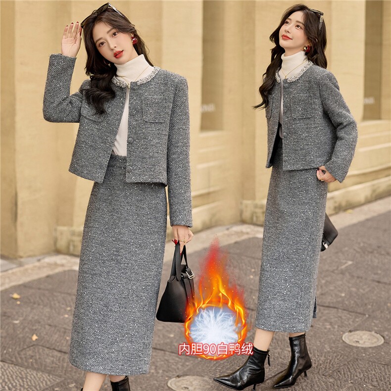 2025年冬季小香风加厚90羽绒套装两件套女韩系时尚套装淑女显瘦，女装套装/套裙，韩宇舍
