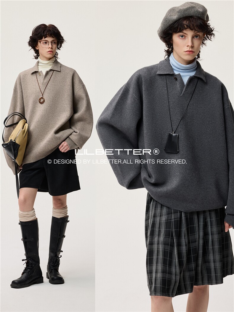 网图现货900克高密老钱风小翻领毛衣男女宽松POLO领针织衫特P58,男装Polo衫,电商C306-1