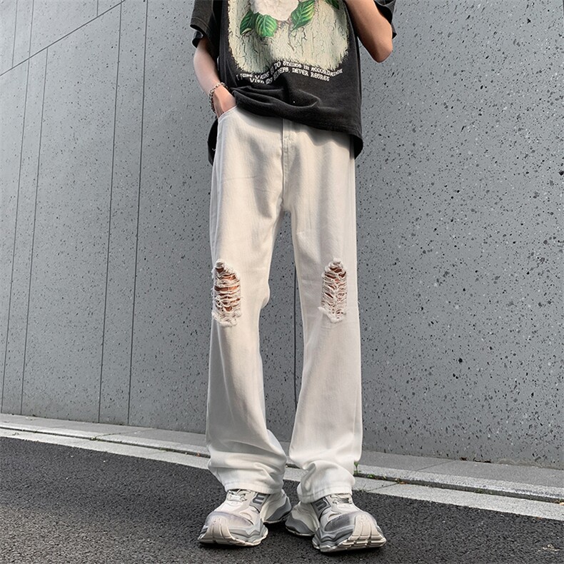 破洞牛仔裤新款美式夏季薄款宽松休闲微喇裤图片