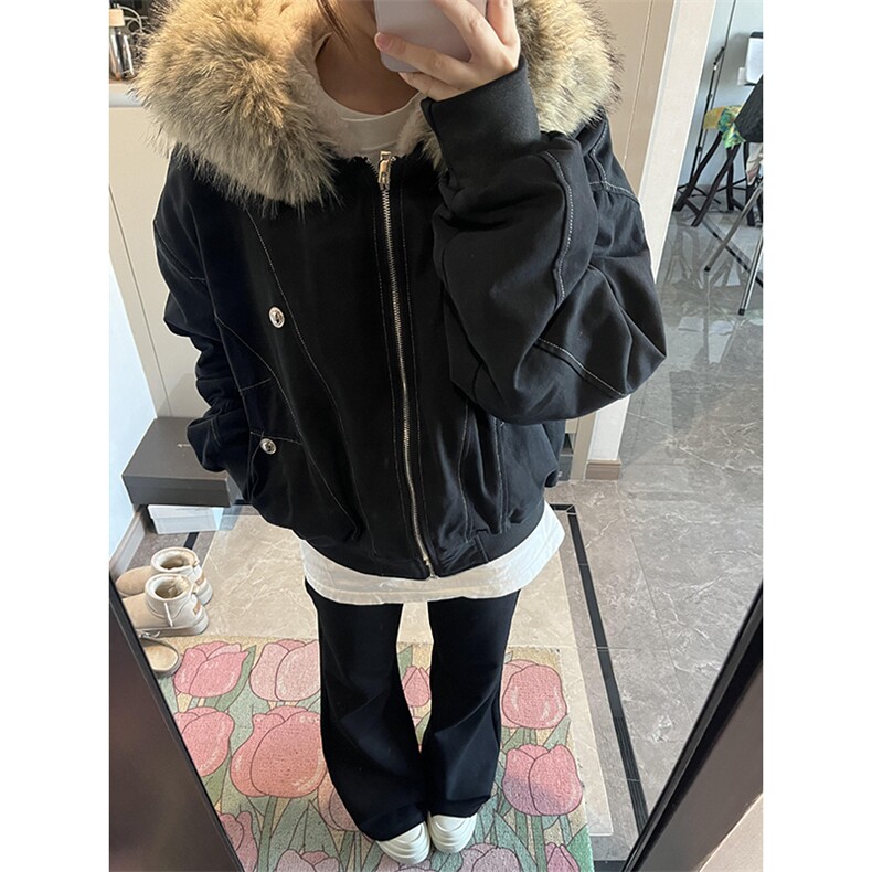 现货重磅boxy短款棉衣座山雕大毛毛领男女棉服水洗工装厚外套,男装棉衣,电商A486-1