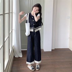 小个子蕾丝拼接牛仔马甲阔腿裤两件套女2025夏新款减龄休闲两件套，女装套装/套裙，2C012