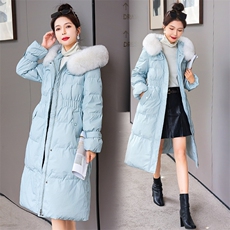 羽绒服新款2022年女装腰间抽绳修身可脱卸真狐狸毛领长款90白鸭绒，女装羽绒服，时尚俏佳人