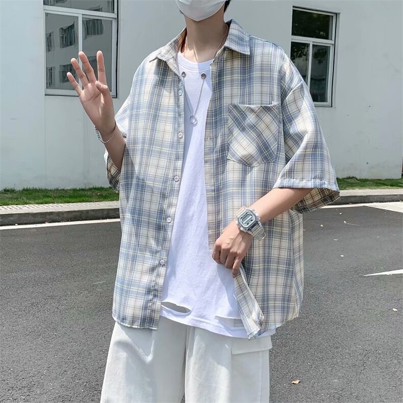 格子短袖衬衫男士夏季潮牌宽松百搭韩版潮流ins衬衣外套C1260-p32,男装衬衫,星座1008