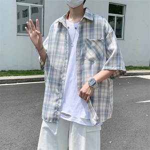 格子短袖衬衫男士夏季潮牌宽松百搭韩版潮流ins衬衣外套C1260-p32