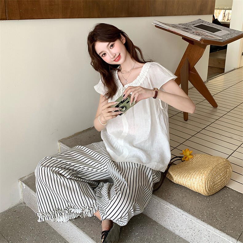 韩系白色短袖条纹阔腿裤女夏2025新款高级感减龄超火绝美两件套,女装套装/套裙,浙宝276（原081）