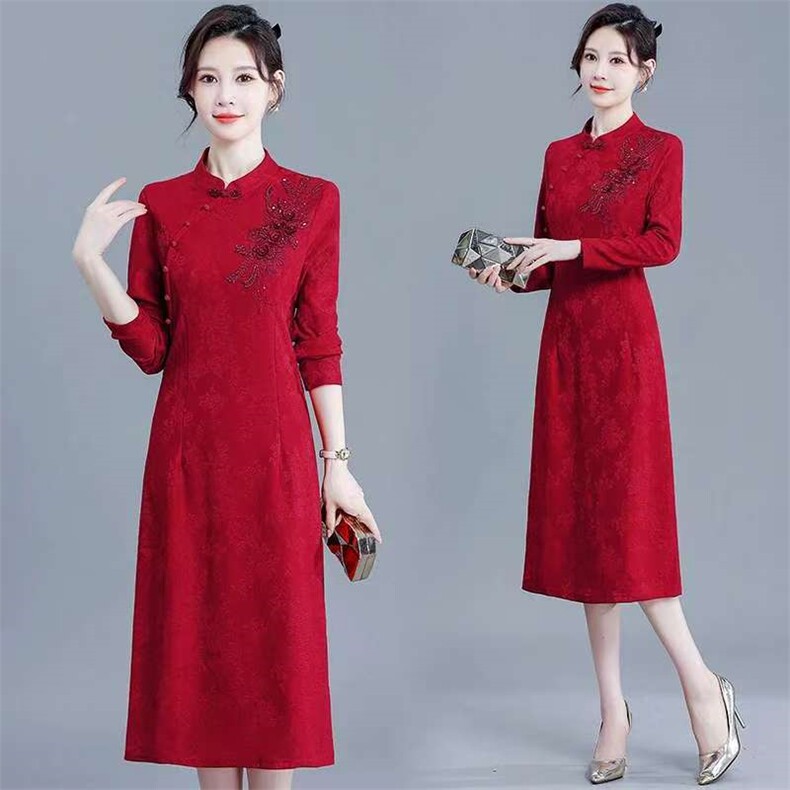 时尚妈妈旗袍连衣裙婚宴2025气质礼服新款洋气显中长瘦裙子,女装汉服/婚纱/旗袍/礼服,娇莉