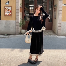 黑色丝绒小香风裙女2024早秋款时尚宽松拼接花边半身裙，女装连衣裙，2C029