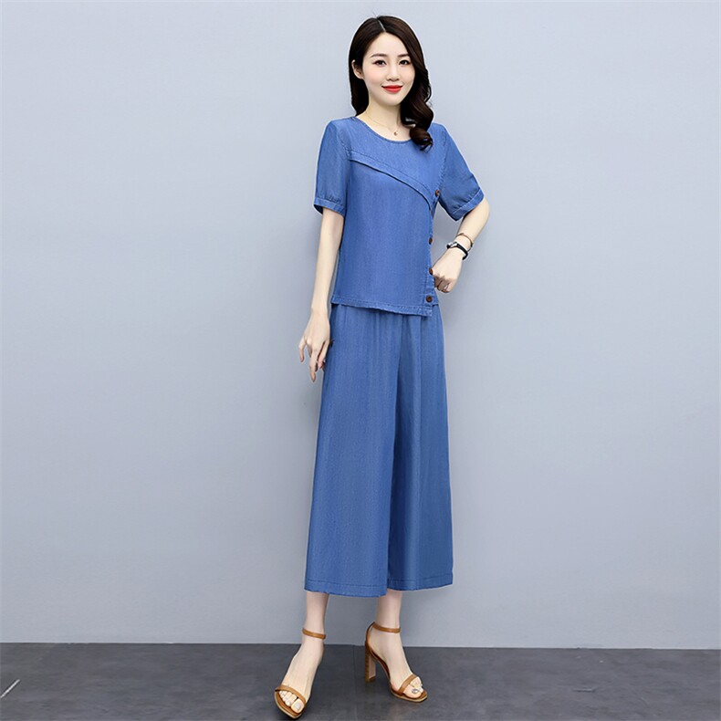 小个子天丝阔腿裤套装女2025年夏季新款气质显瘦休闲牛仔两件套潮,女装套装/套裙,魅影