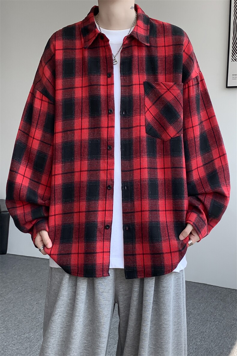 衬衫男春季新款港风宽松大码磨毛格子长袖衬衣CS6638-特P29,男装衬衫,星座214-3