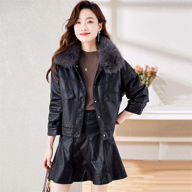 BAO加绒加厚带真狐狸毛领皮衣女2025年新款时尚短款夹克外套女士，女装皮衣，美拉德工厂直营店