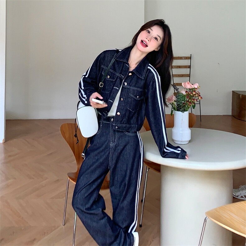 韩版设计感短款牛仔上衣套装女2025春秋季新款显瘦直筒长裤两件套,女装套装/套裙,浙宝285（原212）