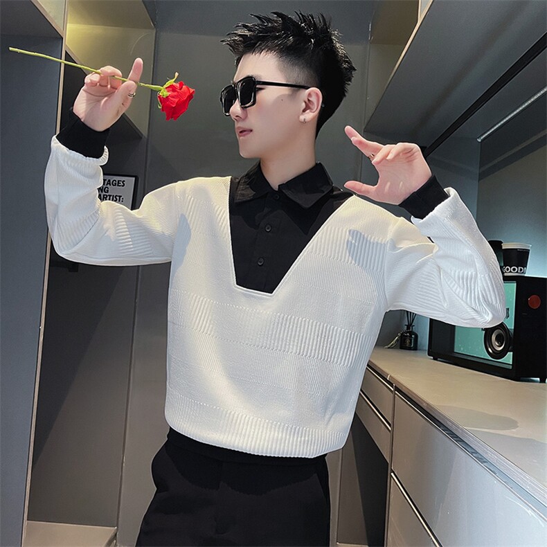 SW34R秋冬社会小伙加绒加厚卫衣翻领撞色休闲上衣黑1,男装衬衫,电商A220