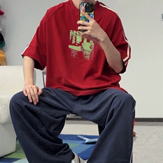 抖音得物高品质二开240克宽松纯棉美式潮牌三条杠织带短袖T恤，男装T恤，电商A486-1