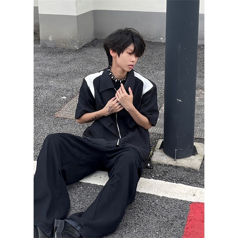 撞色拼接cleanfit短袖衬衫男垫肩高级感小众设计尼龙褶皱半袖衬衣,男装衬衫,四季星座505