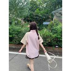 夏季低饱和色系复古插肩短袖衬衫女2025年情侣百搭刺绣Polo领上衣，男装衬衫，星座1210-1