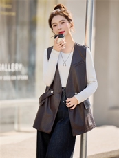 【春季女装新款】2026大量现货春季时尚百搭中长款皮衣马甲外套，女装皮衣，缘衣格