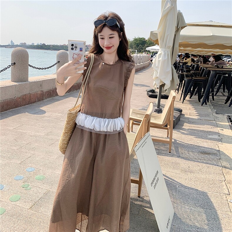 2025韩系甜美套装褶皱纯色无袖衬衫女夏季高腰休闲裤裙裤两件套,女装套装/套裙,维壹