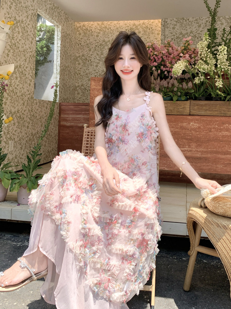 甜美木耳边粉色碎花网纱吊带连衣裙女夏2025新款简单大方超火长裙,女装连衣裙,浙宝128A