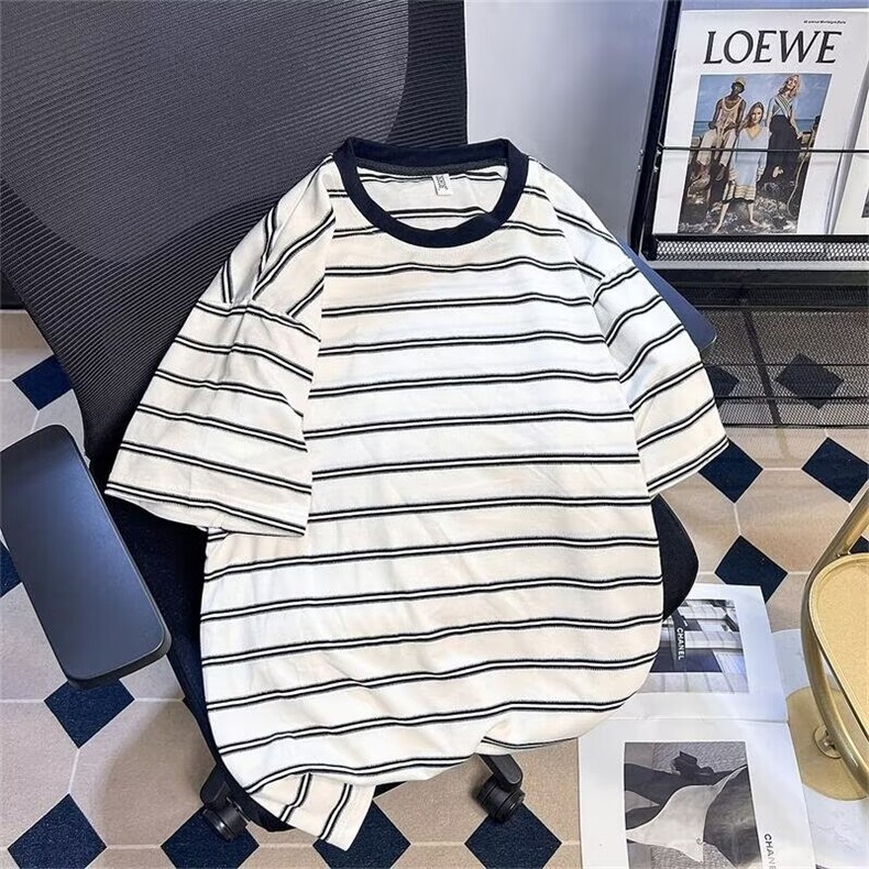 夏季短袖T恤宽条纹卡利棉上衣服男生休闲时尚学生短袖T135 p38图片