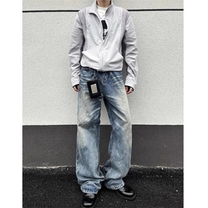 做旧猫须纹垂感牛仔裤秋季宽松cleanfit长裤男女NZA963图片