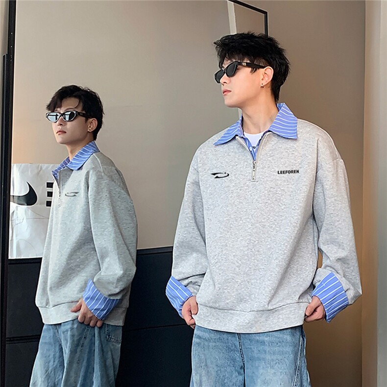 高级感条纹翻领拼接假两件Polo衫男春秋季W100-P58,男装Polo衫,电商C307