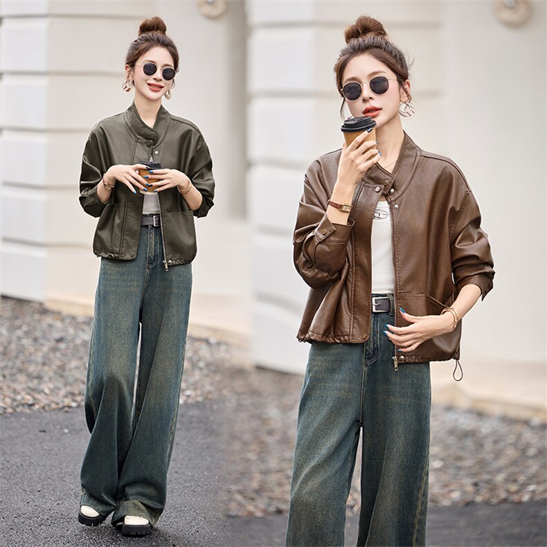 海宁2025新款气质时尚百搭拉链皮衣外套女高级感立领夹克，女装皮衣，江南女神