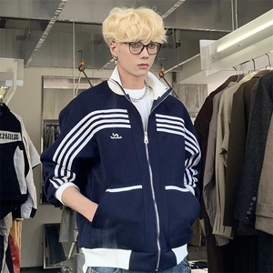 美式复古立领条纹运动外套男潮牌休闲棒球服百搭卫衣JK1420